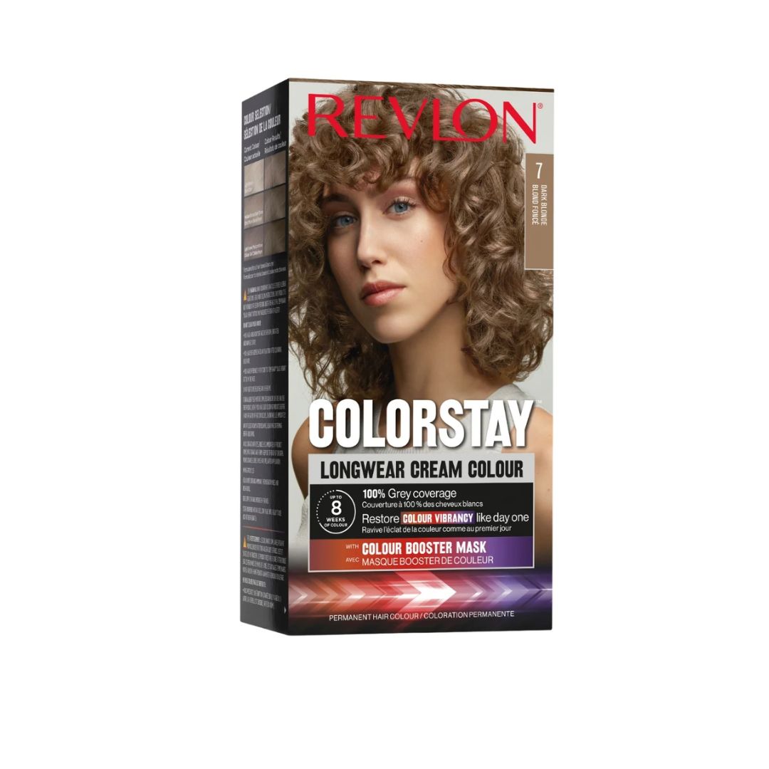 Revlon Colorstay Longwear Cream Colour hair dye box in shade 7 Blonde, featuring a model with curly brown hair on the front, set against a plain white background.