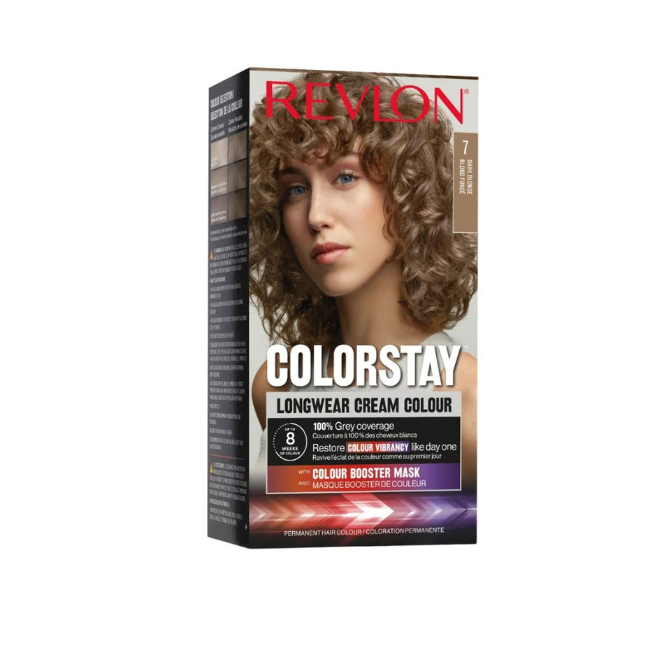 Revlon Colorstay Longwear Cream Colour hair dye box in shade 7 Blonde, featuring a model with curly brown hair on the front, set against a plain white background.