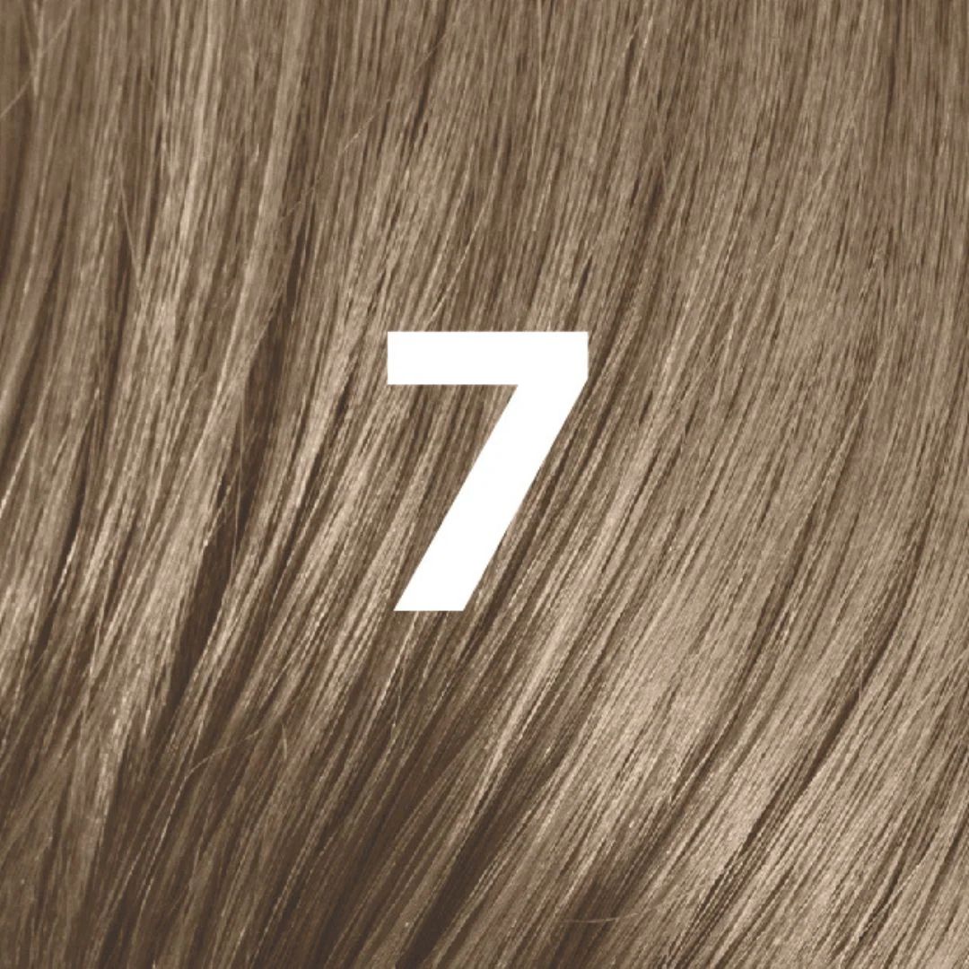 A close-up hair color swatch showing straight hair in a warm light brown shade with a large white number 7 centered on the image.