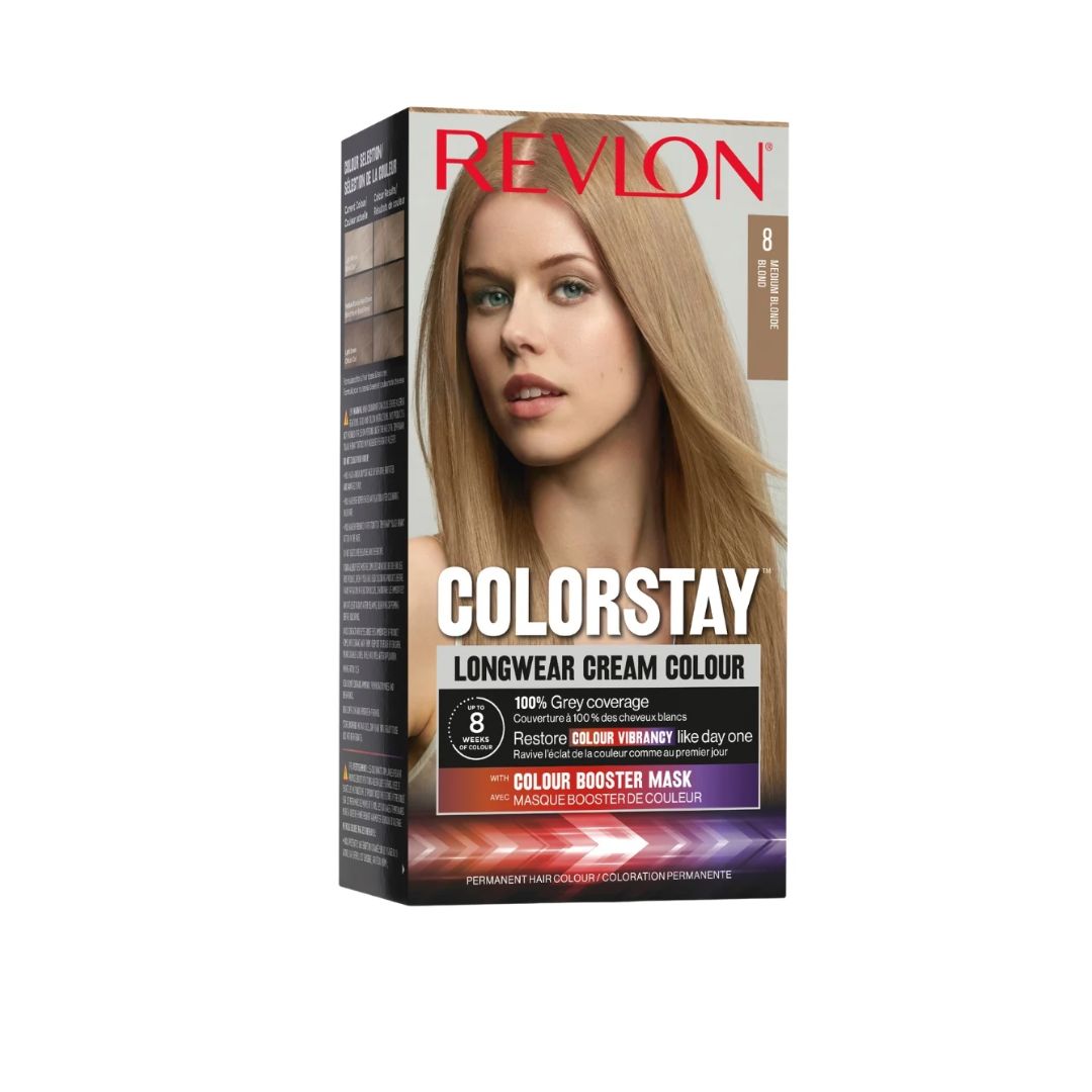 Revlon Colorstay Longwear Cream Colour hair dye box in shade 8 Ash Blonde, featuring a model with long blonde hair on the front of the packaging.
