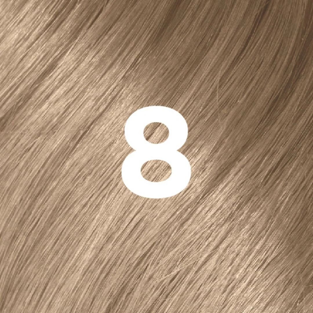 Revlon ColorStay Longwear Cream Colour 8 Medium Blonde - A close-up swatch of light warm brown hair texture with a large white number 8 centered over it, indicating shade number 8.