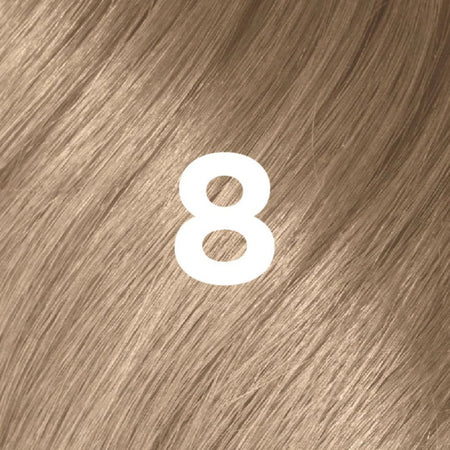 Revlon ColorStay Longwear Cream Colour 8 Medium Blonde - A close-up swatch of light warm brown hair texture with a large white number 8 centered over it, indicating shade number 8.