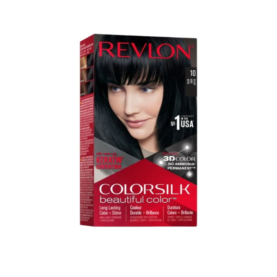 A box of Revlon Colorsilk Beautiful Color permanent hair dye in shade 10 Brown, featuring a model with dark brown hair on the front.