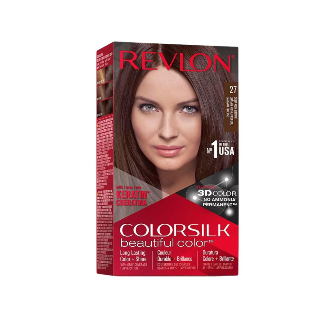 A box of Revlon Colorsilk Beautiful Color hair dye in shade 27, featuring a model with long brown hair on the front, set against a plain white background.
