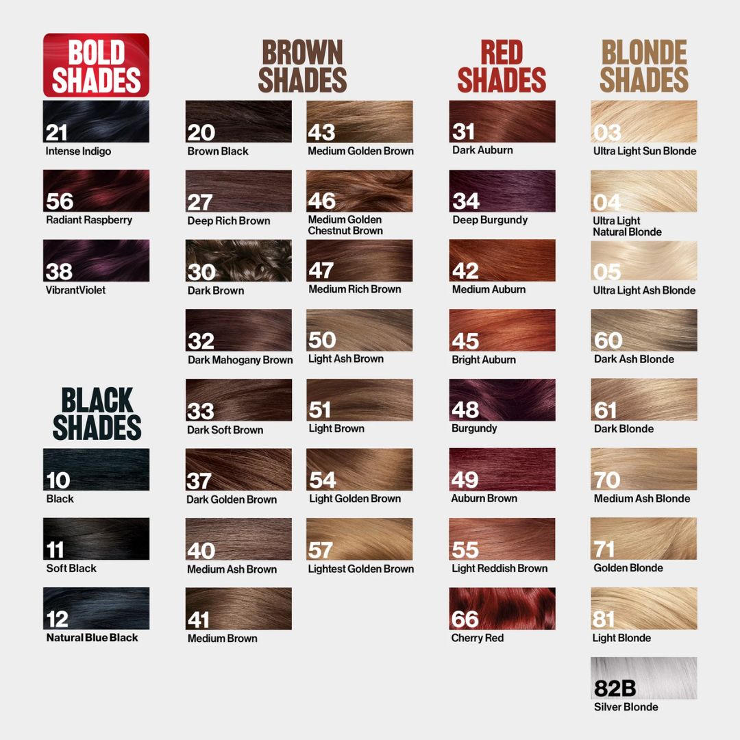 Revlon ColorSilk Beautiful Color - Hair color chart with various shades including bold, brown, red, and blonde categories.