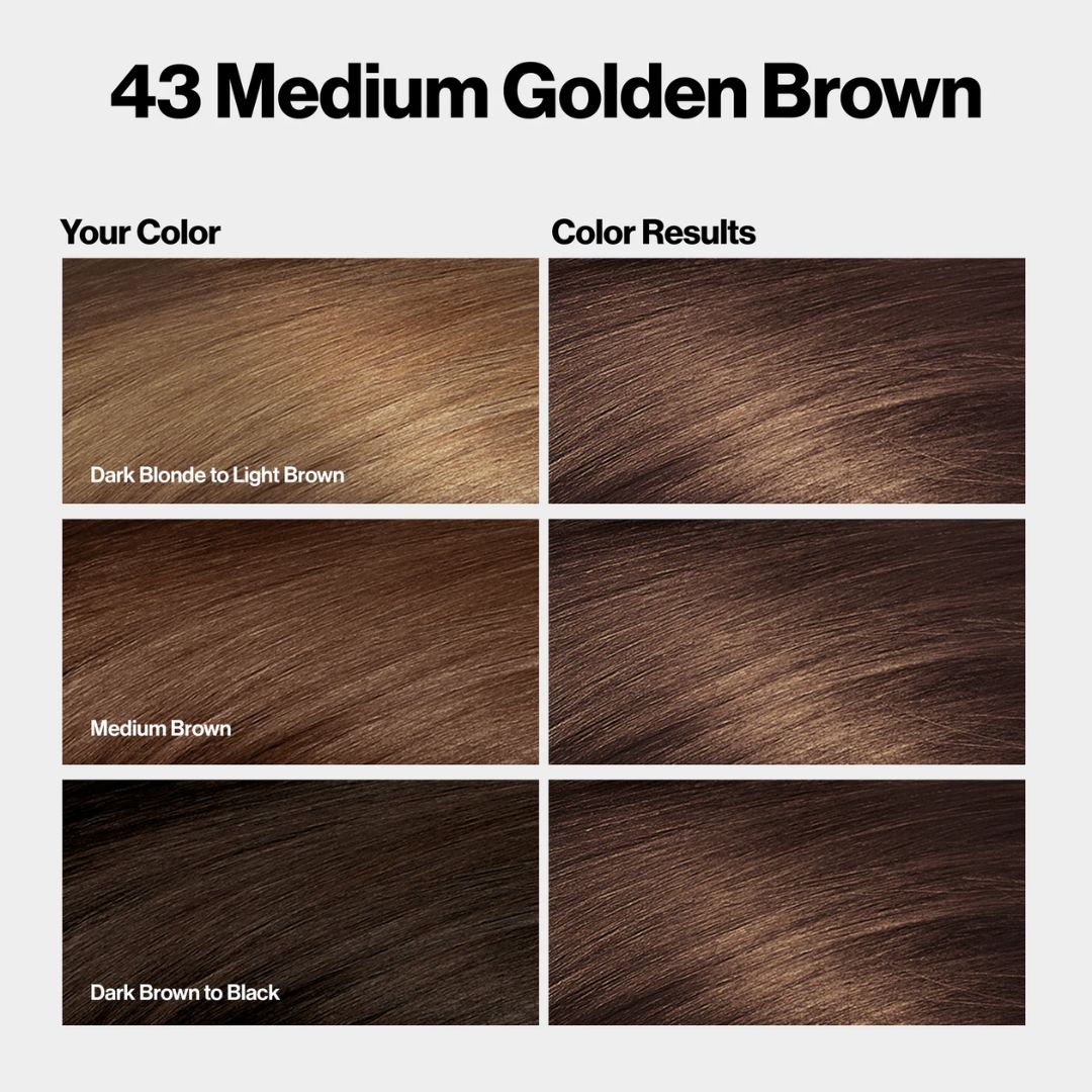 Revlon ColorSilk Beautiful Color 43 Medium Golden Brown color chart showing '43 Medium Golden Brown' with various shades of brown hair.
