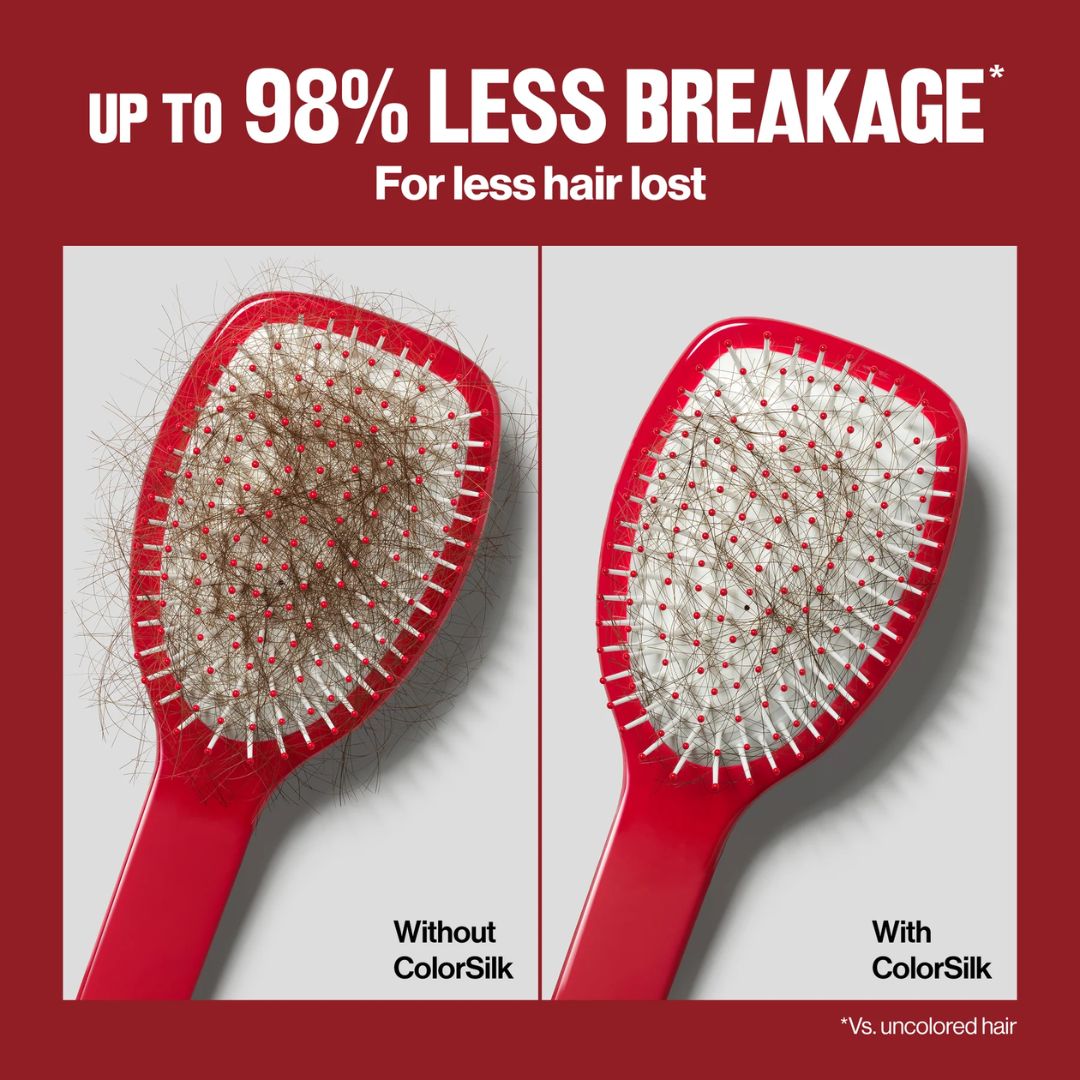 Red hairbrushes with and without ColorSilk technology on a red background.
