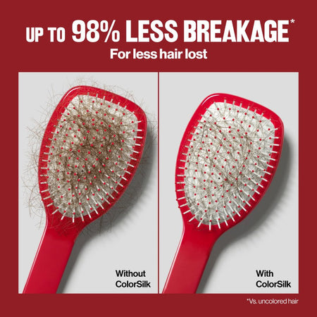 Red hairbrushes with and without ColorSilk technology on a red background.