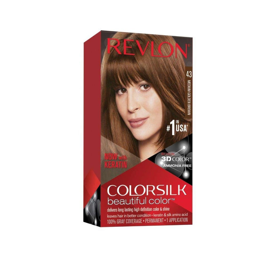 Revlon Colorsilk Beautiful Color hair dye box in shade 43, featuring a model with highlighted brown hair on the front, set against a plain white background.