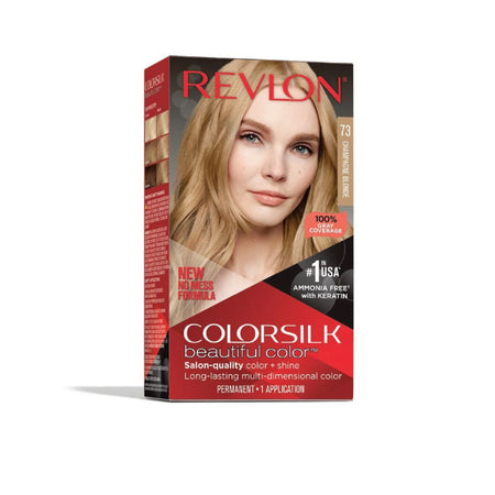 A box of Revlon Colorsilk hair dye in shade 73 Champagne Blonde, featuring a model with blonde hair on the front of the packaging.