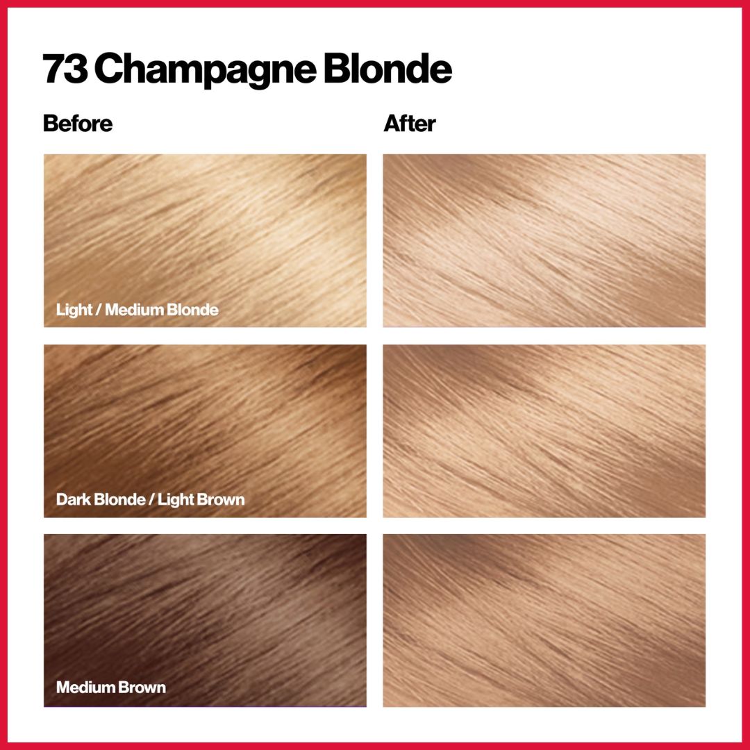 Revlon ColorSilk Color chart comparing '73 Champagne Blonde' hair color before and after application on different hair tones.
