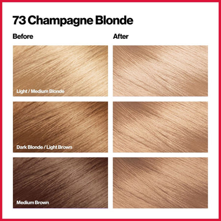 Revlon ColorSilk Color chart comparing '73 Champagne Blonde' hair color before and after application on different hair tones.