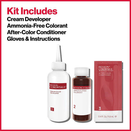 Revlon ColorSilk hair color kit with bottles and packaging on a white background