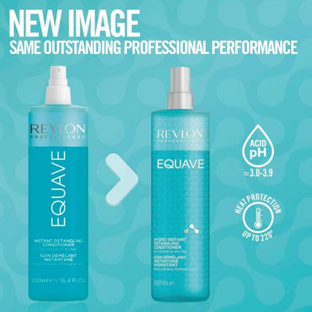 Revlon Professional Equave instant detangling conditioner bottle shown in a turquoise-blue color, alongside a larger bottle of the same product and promotional text highlighting acid pH and heat protection.