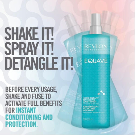 Revlon Equave Hydro Instant Detangling Conditioner bottle in turquoise blue, shown with three more bottles behind it on a soft pastel background with promotional text.