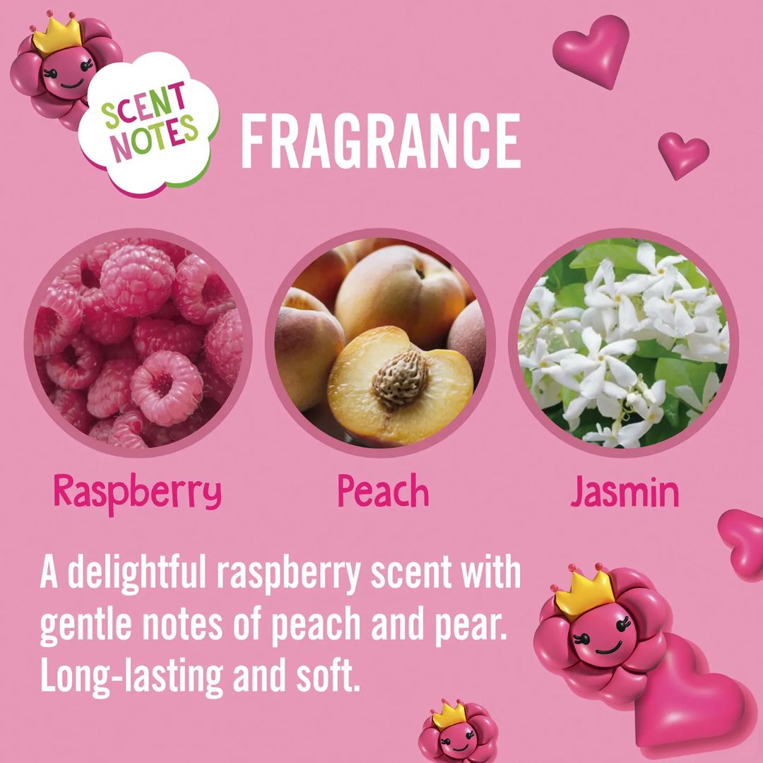 Pink fragrance scent note graphic with three circular fruit and floral photos labeled Raspberry, Peach, and Jasmin, plus decorative cartoon flowers and hearts on a pink background.