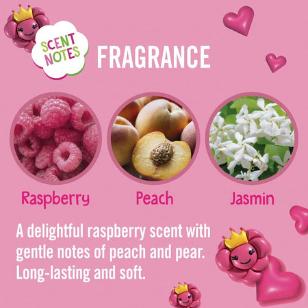 Pink fragrance scent note graphic with three circular fruit and floral photos labeled Raspberry, Peach, and Jasmin, plus decorative cartoon flowers and hearts on a pink background.