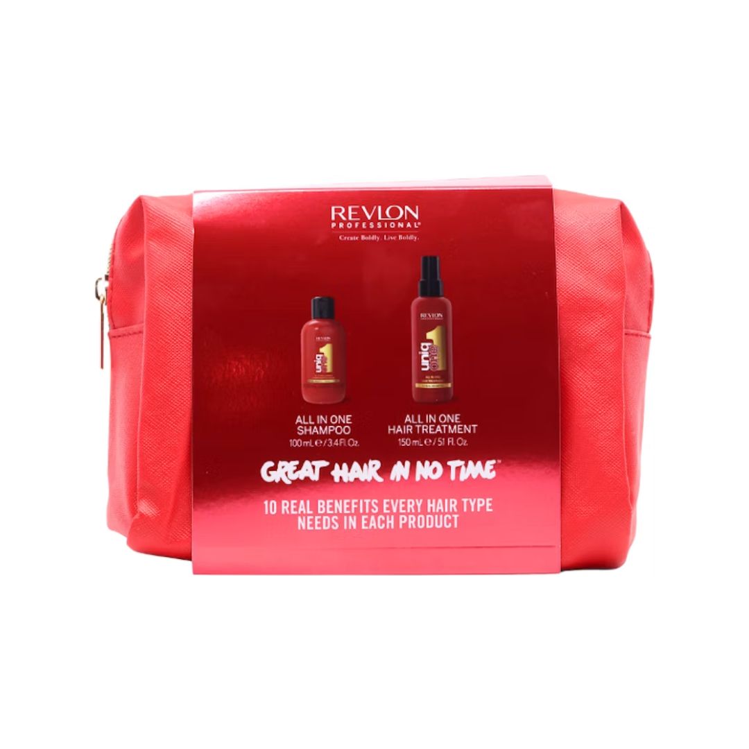 Revlon All In One Hair Treatment gift set featuring a red zippered pouch with a printed wraparound label, alongside two smaller red and black bottles of Revlon All In One Shampoo and Hair Treatment, on a white background.