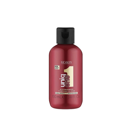 A 100 mL bottle of Revlon Uniglide 1 All-In-One Shampoo, featuring a metallic deep red bottle and a black flip-top cap, set against a plain white background.