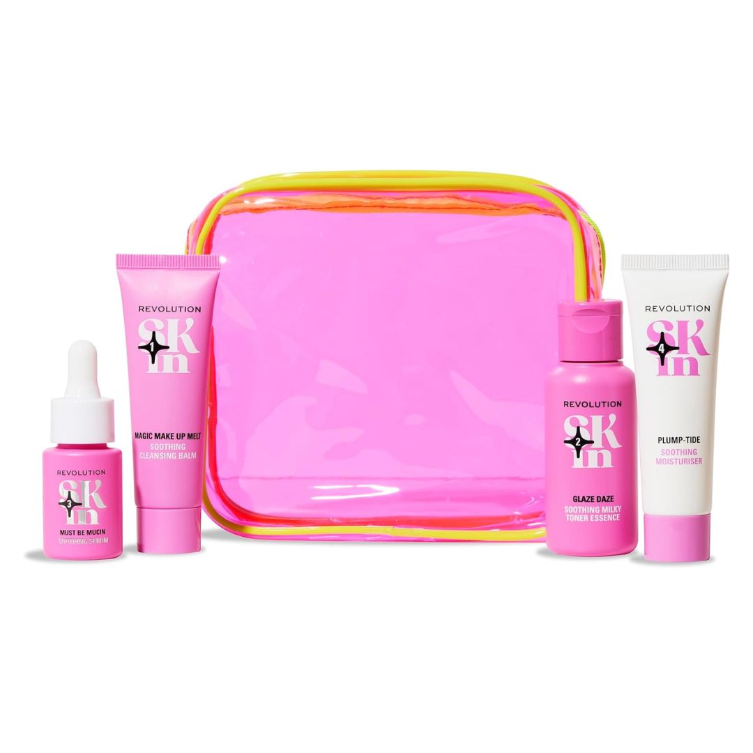 Revolution Skin Go Gentle Gift Set - Balm, Toner, Serum, Moisturiser and wash bag on a white background