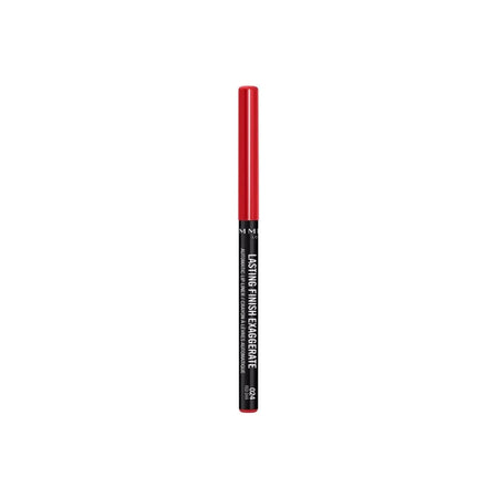 A single red cosmetic pencil with a black barrel and white text, standing vertically on a plain white background.