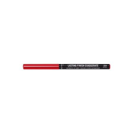 A single red cosmetic lip liner pen with a black label reading 'LASTING FINISH EXAGGERATE' and '024' on a plain white background.