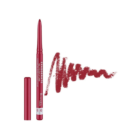A red makeup lip liner pencil shown upright with its cap beside it, alongside a red swatch on a plain white background. The pencil is labeled Maybelline New York.