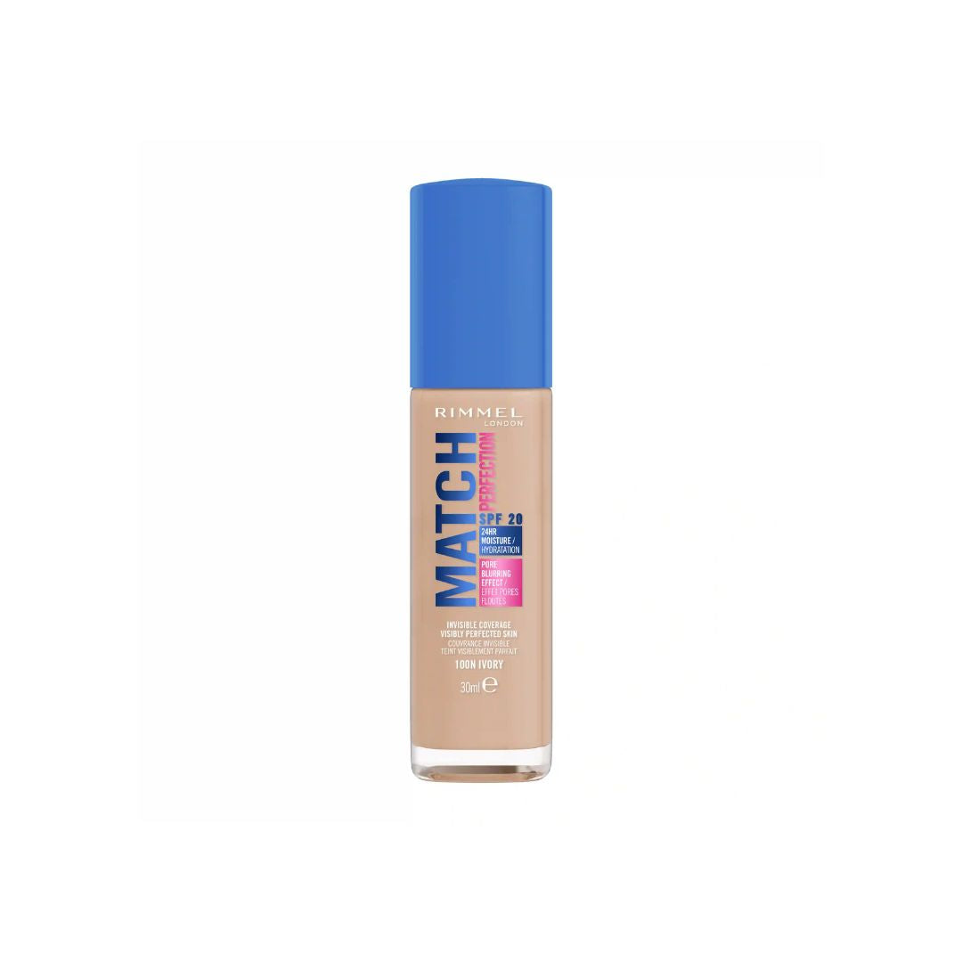 Rimmel Match Perfection Foundation 100N Ivory 30ml on a white background
