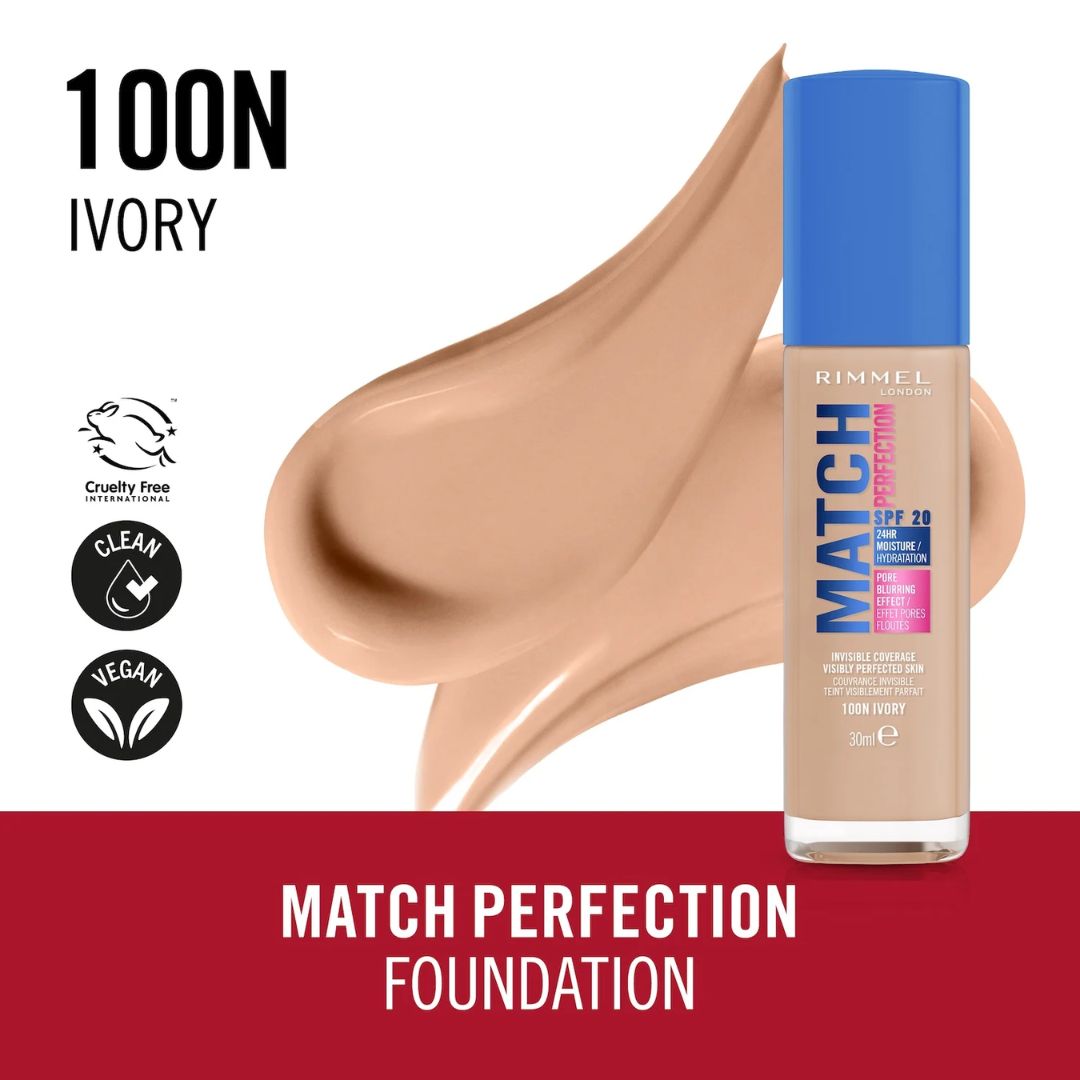 Rimmel Match Perfection Foundation 100N Ivory 30ml 'MATCH PERFECTION FOUNDATION' graphic on a red and white background
