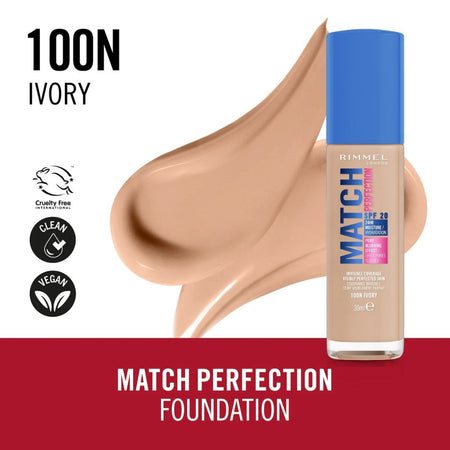 Rimmel Match Perfection Foundation 100N Ivory 30ml 'MATCH PERFECTION FOUNDATION' graphic on a red and white background