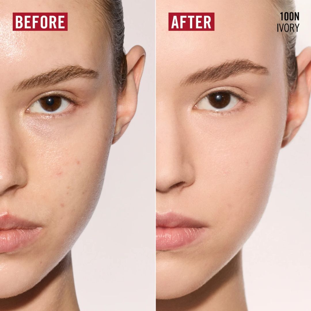 Rimmel Match Perfection Foundation 100N Ivory 'BEFORE' and 'AFTER' images