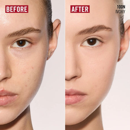 Rimmel Match Perfection Foundation 100N Ivory 'BEFORE' and 'AFTER' images