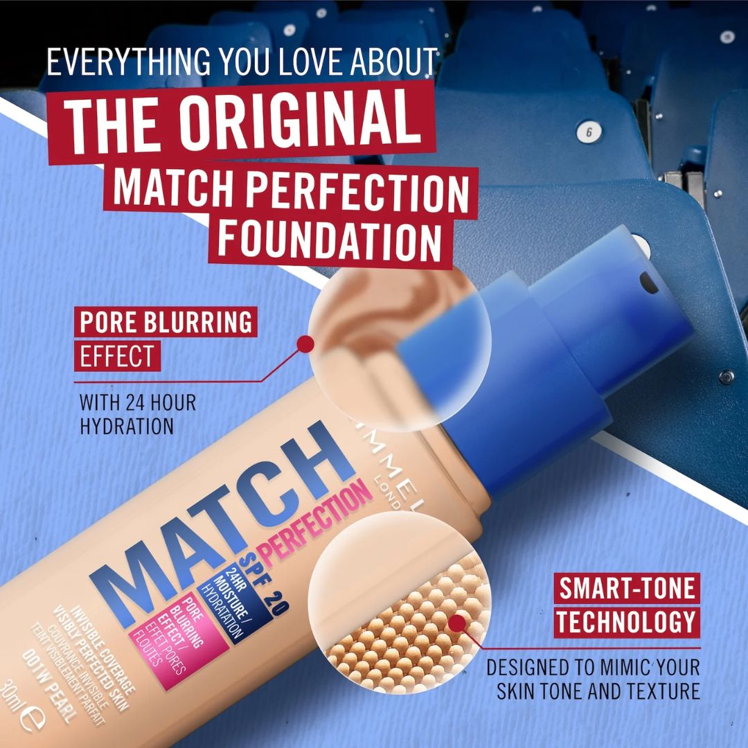 Rimmel Match Perfection Foundation 100N Ivory 30ml product information image on a blue background