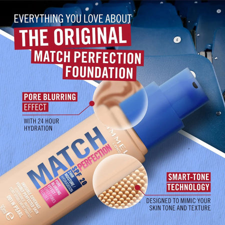 Rimmel Match Perfection Foundation 100N Ivory 30ml product information image on a blue background