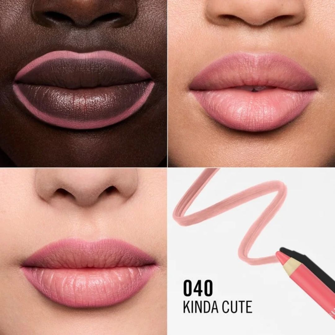 Rimmel Oh My Plump! Lip Shaper 040 Kinda Cute comparison graphic on different skin tones