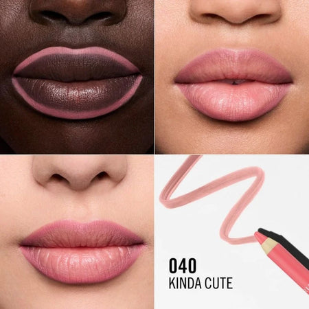 Rimmel Oh My Plump! Lip Shaper 040 Kinda Cute comparison graphic on different skin tones