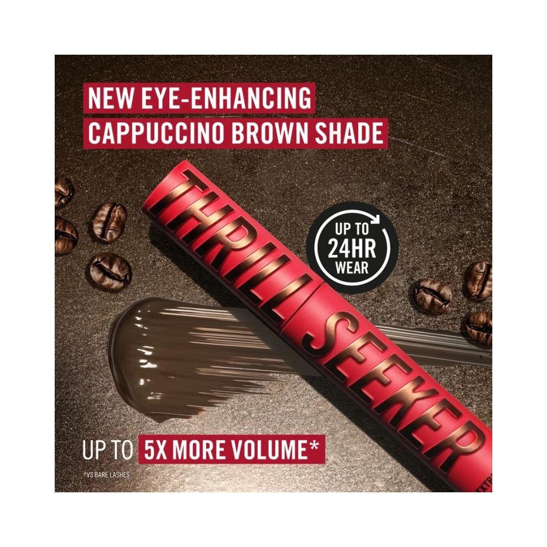 Rimmel Thrill Seeker Mascara 002 Cappuccino container on a brown coffee bean background