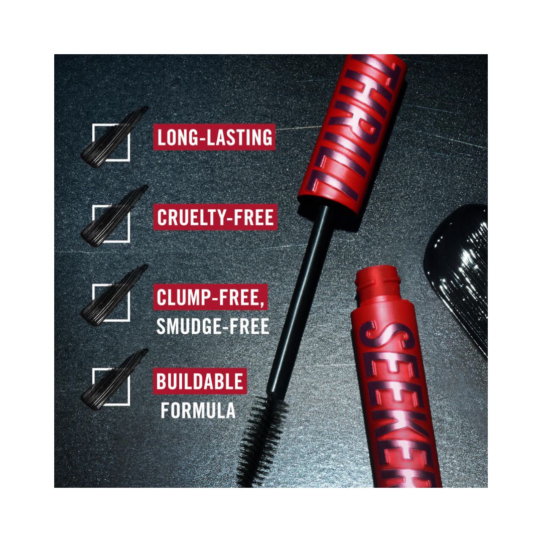 Rimmel Thrill Seeker Mascara 002 Cappuccino product benefits graphic on a black slate background