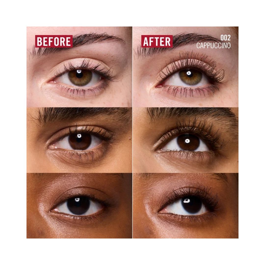Rimmel Thrill Seeker Mascara 002 Cappuccino before and after images for different skin tones 