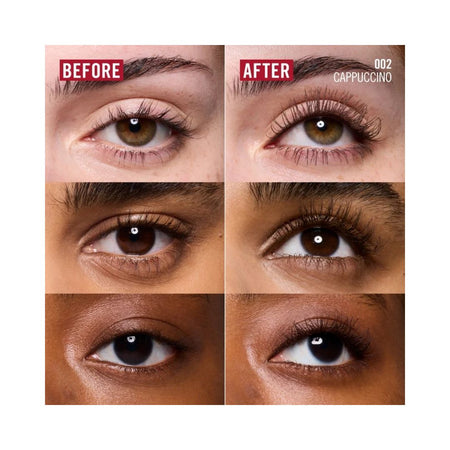 Rimmel Thrill Seeker Mascara 002 Cappuccino before and after images for different skin tones 