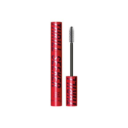 A red tube of Rimmel Thrill Seeker mascara with its wand removed, showing the black bristles, on a plain white background.