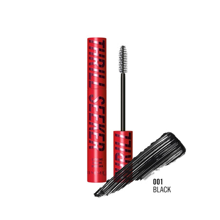 Invisible Brand Thrill Seeker mascara in shade 001 Black, showing the red tube, the black wand, and a black mascara smear on a white background.