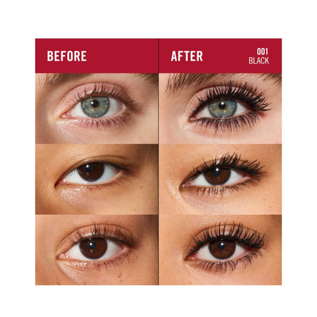 A before-and-after comparison grid showing six close-up eye photos with eyelashes enhanced in the 'after' column. The top header reads 'BEFORE' and 'AFTER' with '001 BLACK' on the right, indicating a black lash product or shade.