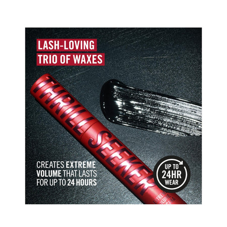 A promotional product graphic for a red wax product labeled 'THRILL SEEKER' with text reading 'LASH-LOVING TRIO OF WAXES' and 'UP TO 24HR WEAR' on a dark textured background.
