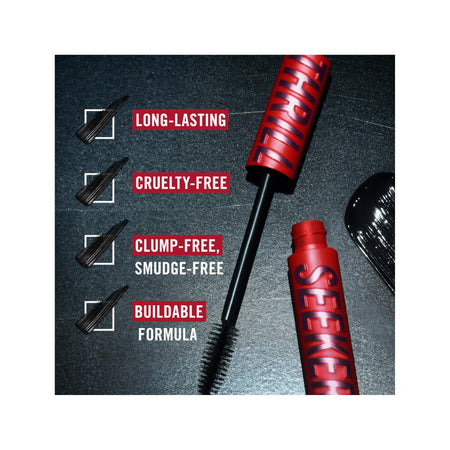 A close-up of a red and black SEEK! hair product tube and wand on a dark textured background, with four feature callouts reading LONG-LASTING, CRUELTY-FREE, CLUMP-FREE, SMUDGE-FREE, and BUILDABLE FORMULA.