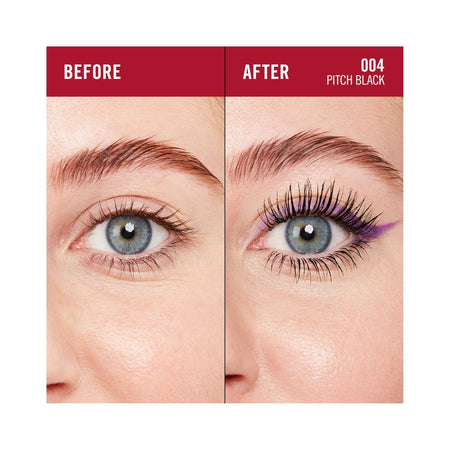 A side-by-side before and after comparison of a person's eye showing eyelash color change. The left 'BEFORE' panel shows natural light brown lashes, and the right 'AFTER' panel shows the lashes colored pitch black with a purple shadow.
