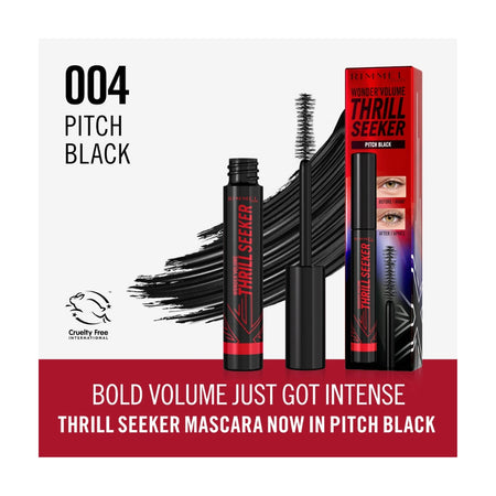 L'Or’eil Cosmetics Thrill Seeker Mascara in shade 004 Pitch Black, shown with the black mascara tube, uncapped wand, and red product box on a white background with a red banner at the bottom.