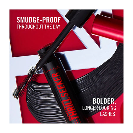 Mascara tube and wand shown in a stylized product graphic with bold red and black design elements and text reading 'SMUDGE-PROOF THROUGHOUT THE DAY' and 'BOLDER, LONGER LOOKING LASHES.'.