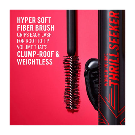 Mascara product graphic showing a black fiber brush, a black tube with red 'THRILL SEEKER' text, and white marketing copy on a bright pink background.