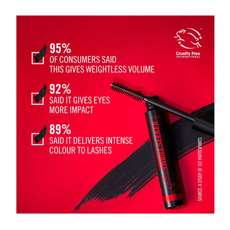A red promotional graphic for a black mascara tube with the wand extended, featuring consumer quote statistics on the left and a Cruity Free International logo on the upper right.